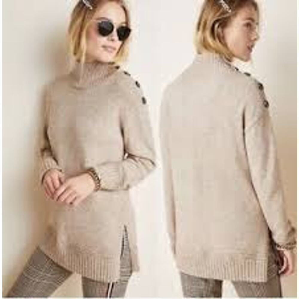 Anthropologie Margarita Tunic sweater sz L Button Heathered brown boho career - Picture 2 of 12